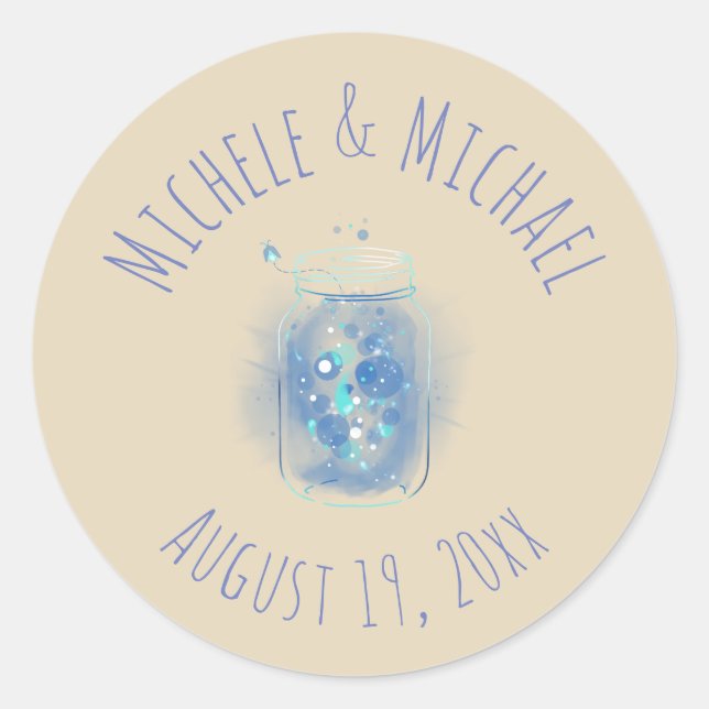 Fireflies in Jar Personalised Names Date Classic Round Sticker (Front)