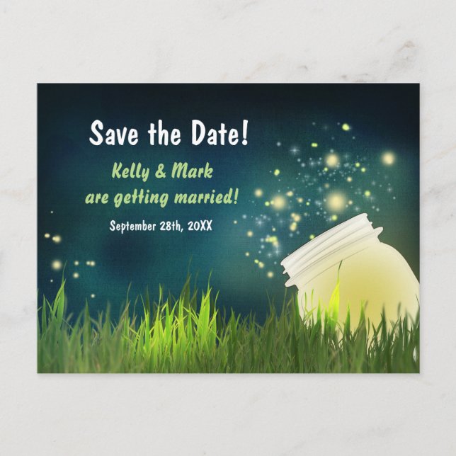 Fireflies & Mason Jar Night Save the Date Postcard (Front)