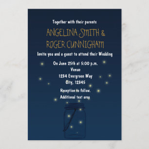 Fireflies Mason Jar Rustic Blue Wedding Invitation