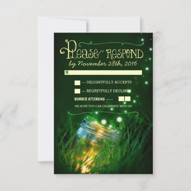 fireflies mason jar rustic garden wedding RSVP (Front)