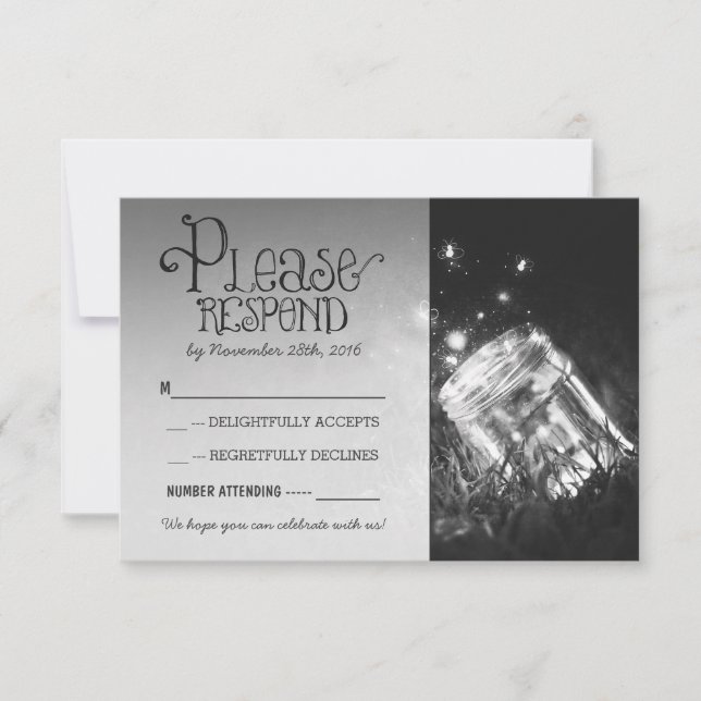 fireflies mason jar rustic garden wedding RSVP (Front)