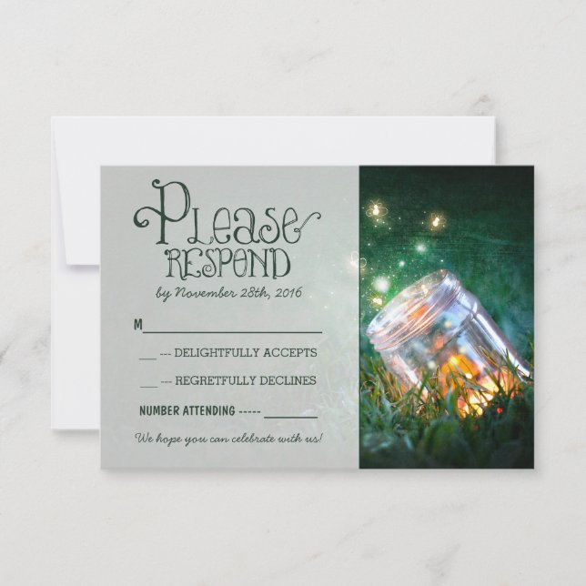 fireflies mason jar rustic garden wedding RSVP Card (Front)