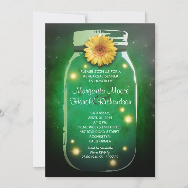 Fireflies & Mason Jar Whimsical Rehearsal Dinner Invitation (Front)