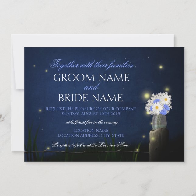 Fireflies with bouquet rustic wedding invitation (Front)