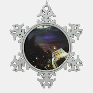 Firefly Mason Jar Moonlit Cottage Winter Woodland Snowflake Pewter Christmas Ornament