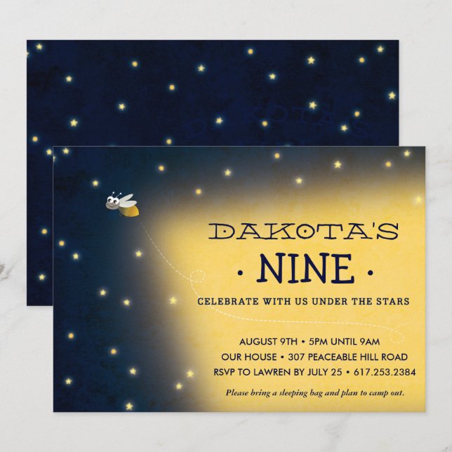 Firefly Sleepover Birthday Invitation, Card (Front/Back)