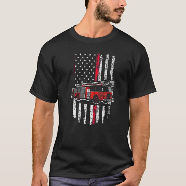 Fireman American Flag Thin Red Line Firefighter T-Shirt (Front)
