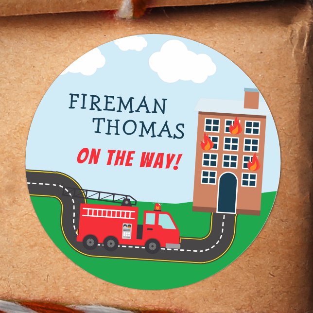 Fireman and Fire Truck with First Name Little Boy Classic Round Sticker (Creator Uploaded)