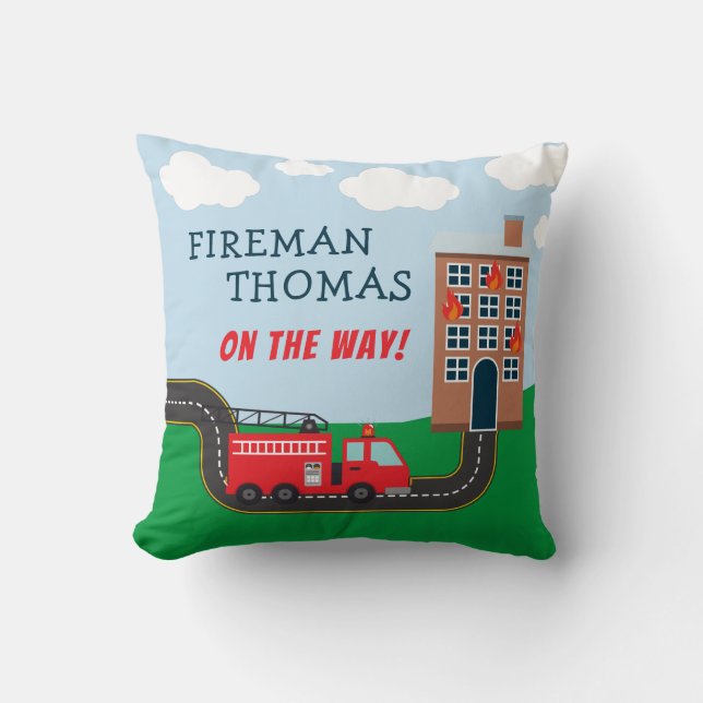 Fireman and Fire Truck with First Name Little Boy Cushion (Front)