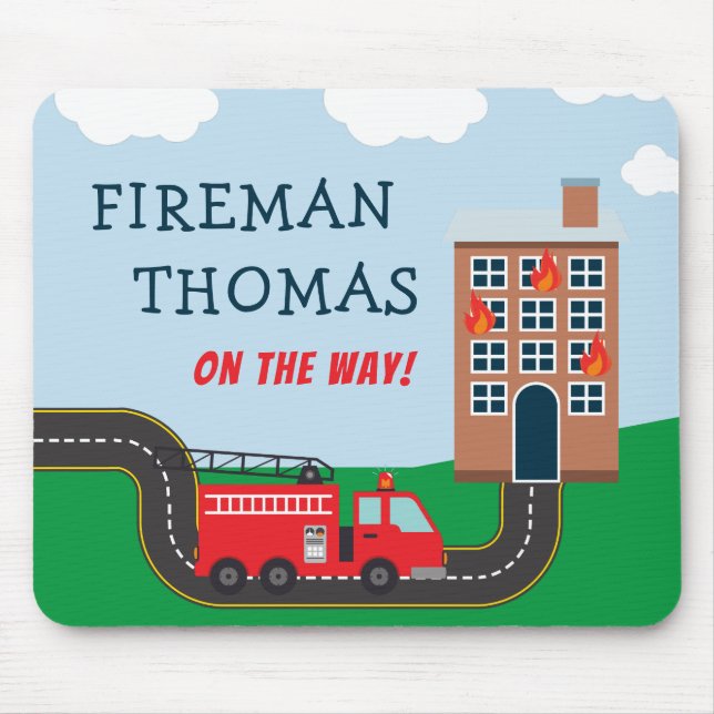 Fireman and Fire Truck with First Name Little Boy Mouse Mat (Front)