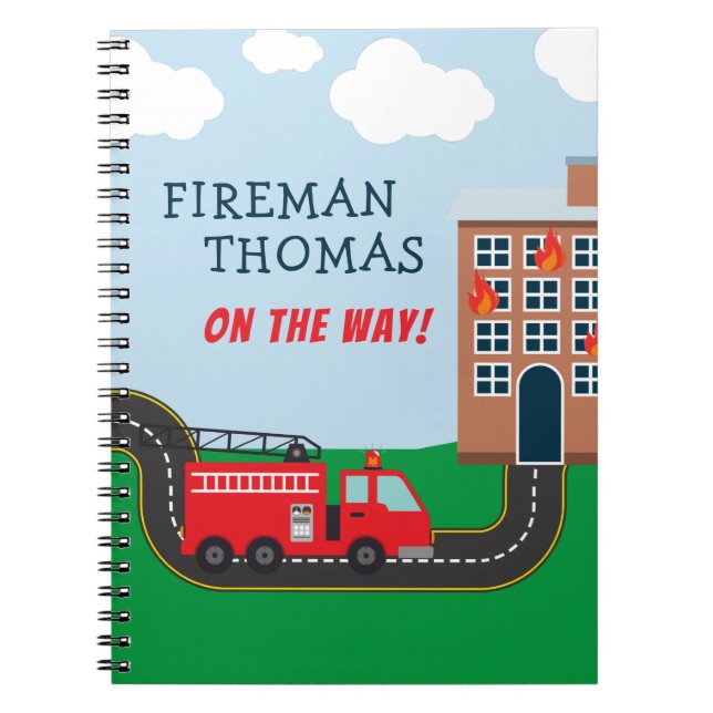Fireman and Fire Truck with First Name Little Boy Notebook (Front)