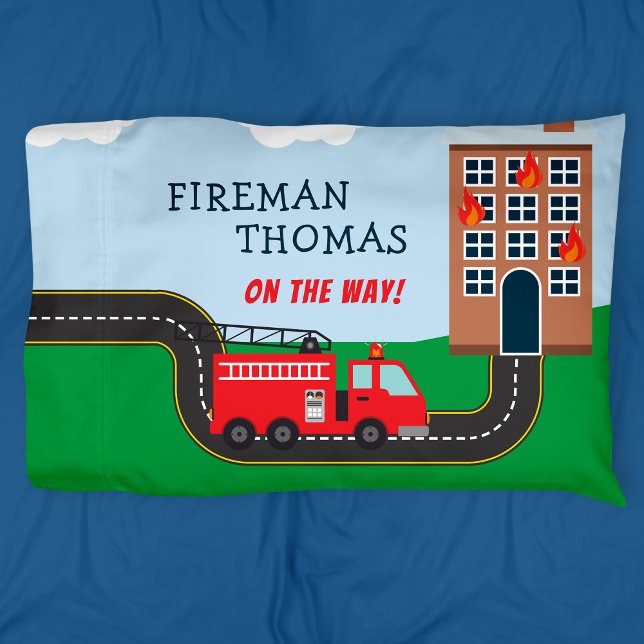 Fireman and Fire Truck with First Name Little Boy Pillowcase (Creator Uploaded)