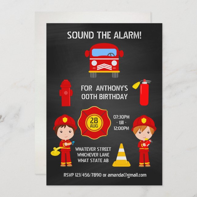 Fireman Birthday Chalkboard add photo invitation (Front/Back)