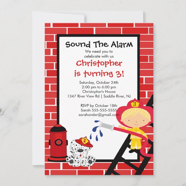 Fireman Boy Firetruck Birthday Party Invitation (Front)