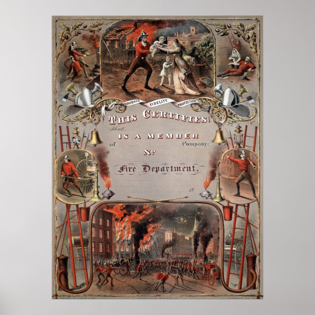 FIREMAN Certificate Vintage Fire Department Poster (Front)
