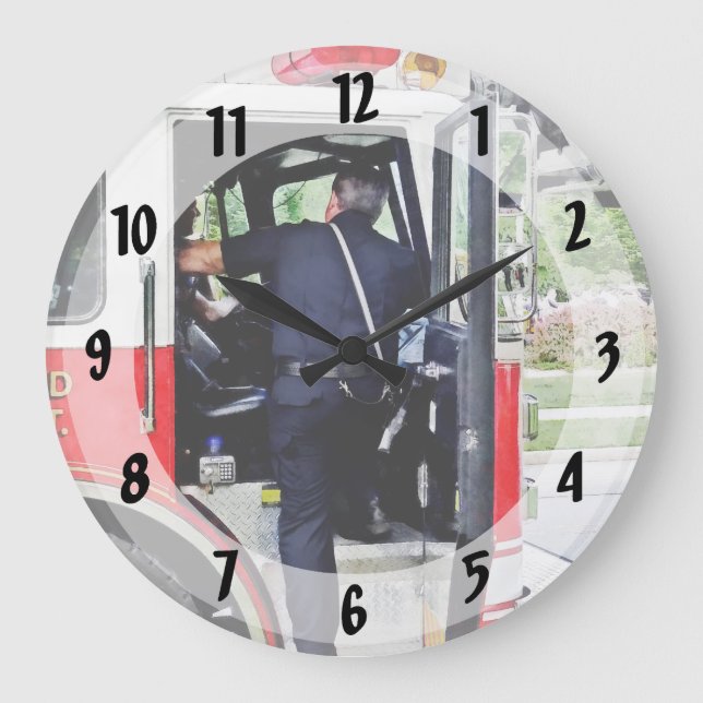 Fireman Climbing into Fire Truck Large Clock (Front)