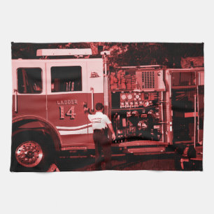 fireman entering truck burgundy coloured tea towel