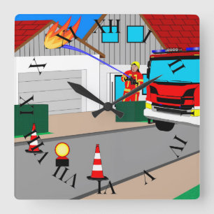 fireman extinguishes garage fire Quadratic Wan Square Wall Clock