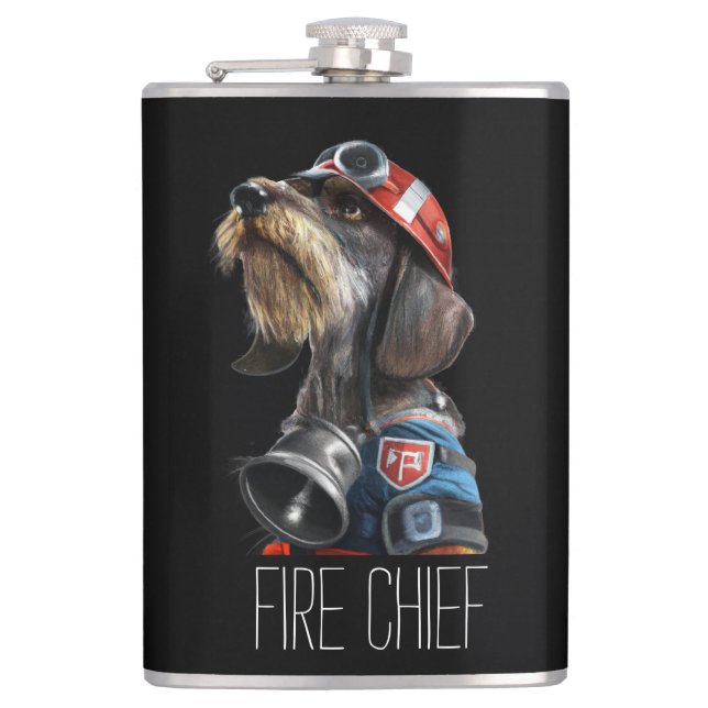 Fireman Fire Chief Wire-Hair Dachshund Dog Hip Flask (Front)