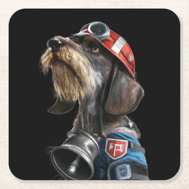 Fireman Fire Chief Wire-Hair Dachshund Dog Square Paper Coaster (Front)