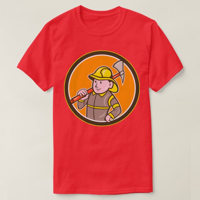 Fireman Firefighter Ax Circle Cartoon T-Shirt (Design Front)