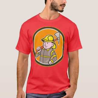 Fireman Firefighter Ax Circle Cartoon T-Shirt