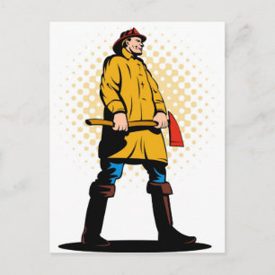 fireman firefighter fighting fire retro postcard