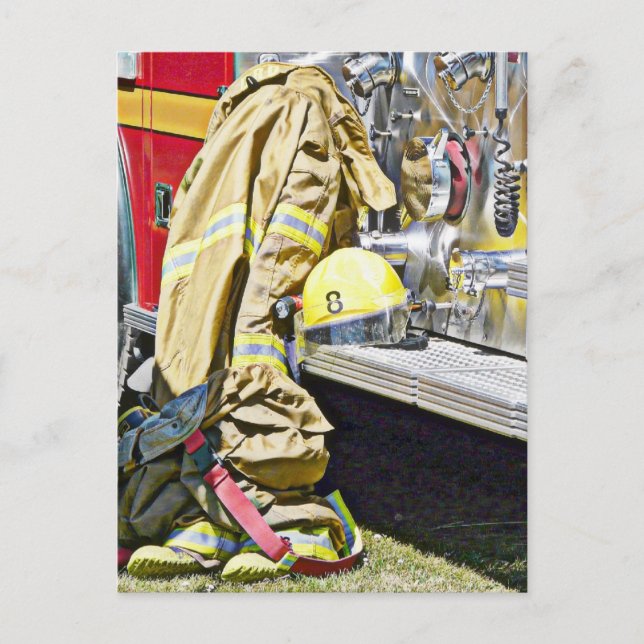 Fireman Firefighting Suit and Truck Postcard (Front)
