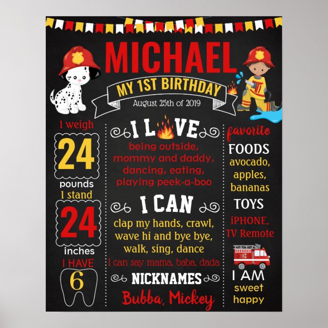 Fireman Firetruck First Birthday chalk board Poster (Front)