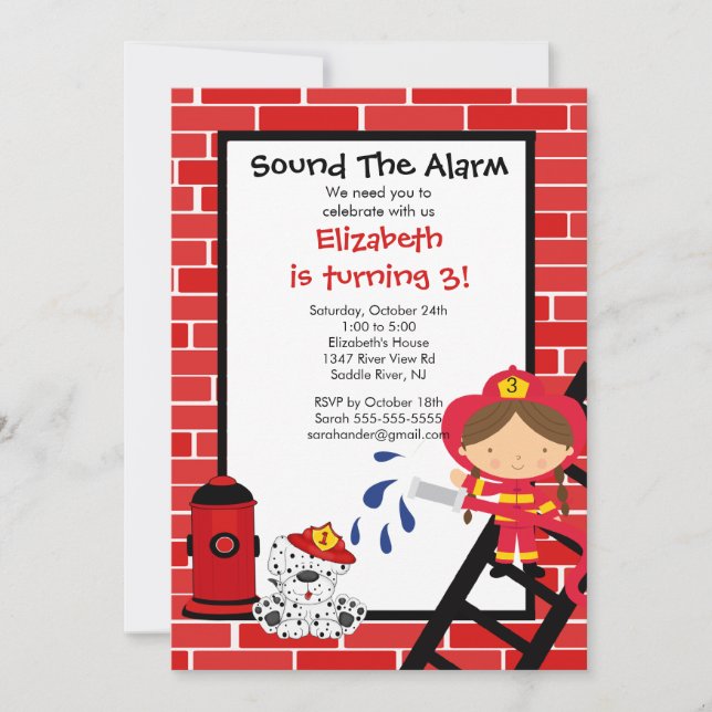 Fireman girl Firetruck Birthday Party Invitation (Front)