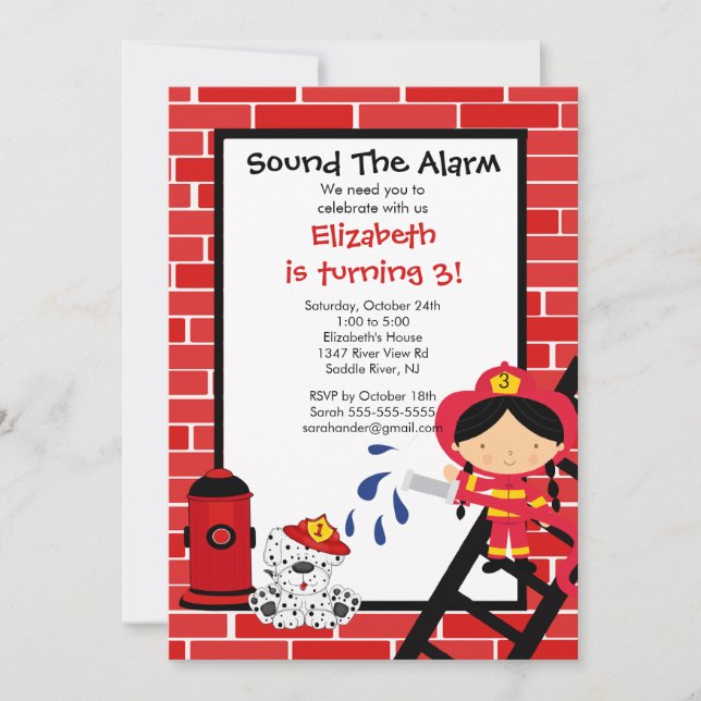 Fireman girl Firetruck Birthday Party Invitation (Front)