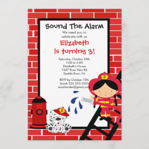 Fireman girl Firetruck Birthday Party Invitation