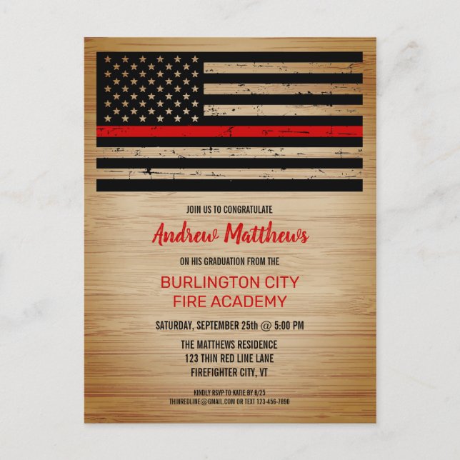 Fireman Graduation Firefighter Thin Red Line Invitation Postcard (Front)