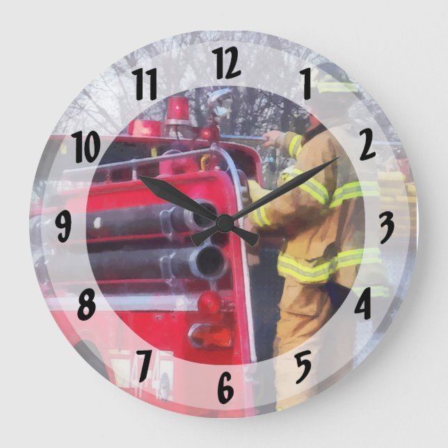 Fireman On Back Of Fire Truck Large Clock (Front)