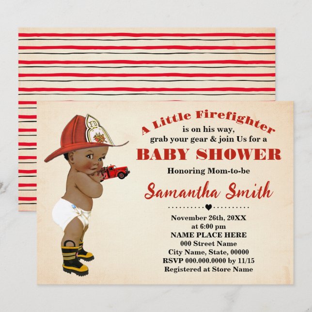 Fireman on His Way African American Baby Shower Invitation (Front/Back)