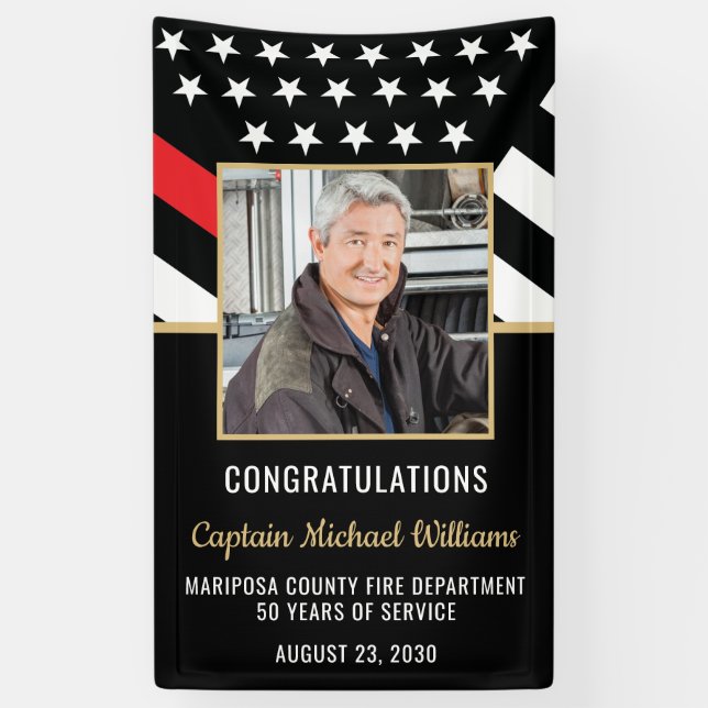 Fireman Photo Red Line Flag Firefighter Retirement Banner (Vertical)