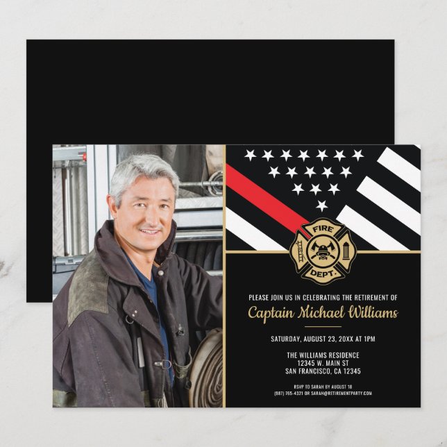 Fireman Photo Red Line Flag Firefighter Retirement Invitation (Front/Back)