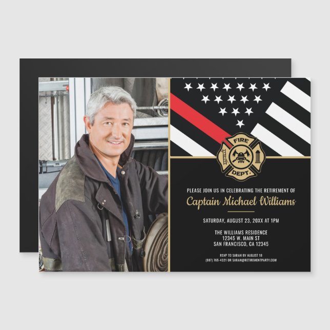 Fireman Photo Red Line Flag Firefighter Retirement Magnetic Invitation (Front/Back)
