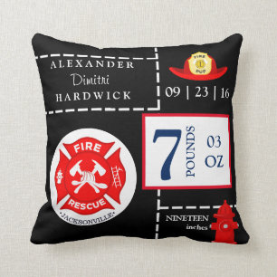 Fireman Rescue Fire Boy's Birth Stats Keepsake Cushion