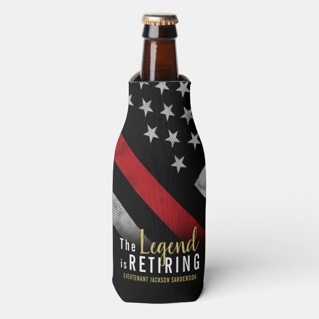 Fireman Retirement Party Red Line Flag Firefighter Bottle Cooler (Bottle Front)