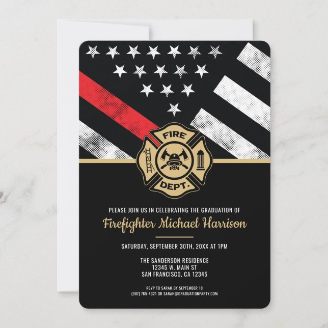 Fireman Thin Red Line Firefighter Graduation Invitation (Front)