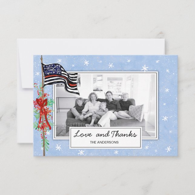 Fireman Thin Red Line Flag Family Photo Holiday Thank You Card (Front)