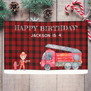 Fireman Vintage Christmas Red Tartan Banner