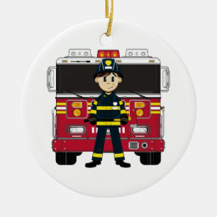 Fireman with Fire Engine Coaster Ceramic Tree Decoration
