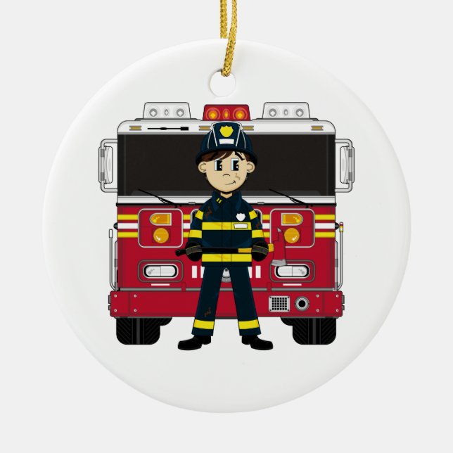 Fireman with Fire Engine Coaster Ceramic Tree Decoration (Front)