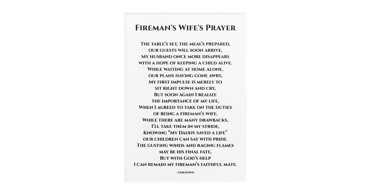 Fireman's Wife's Prayer Acrylic Print | Zazzle