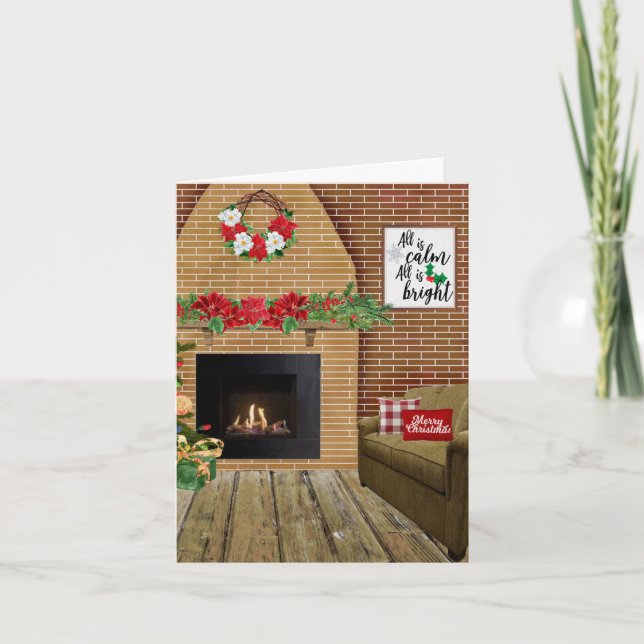 Fireplace All Is Calm All Is Bright Christmas Card (Front)