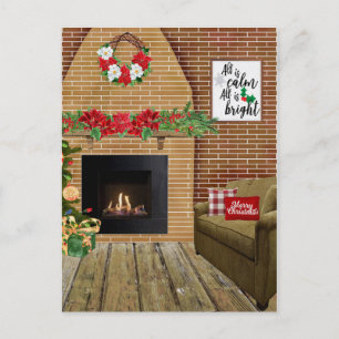 Fireplace All Is Calm All Is Bright Christmas Holiday Postcard