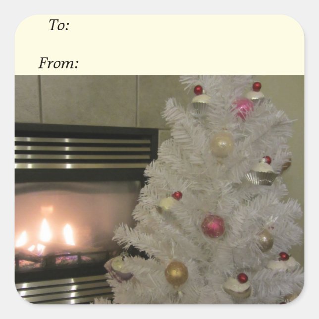 Fireplace and Christmas Tree Square Sticker (Front)