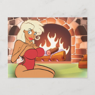Fireplace Cartoon Pin-Up Postcard